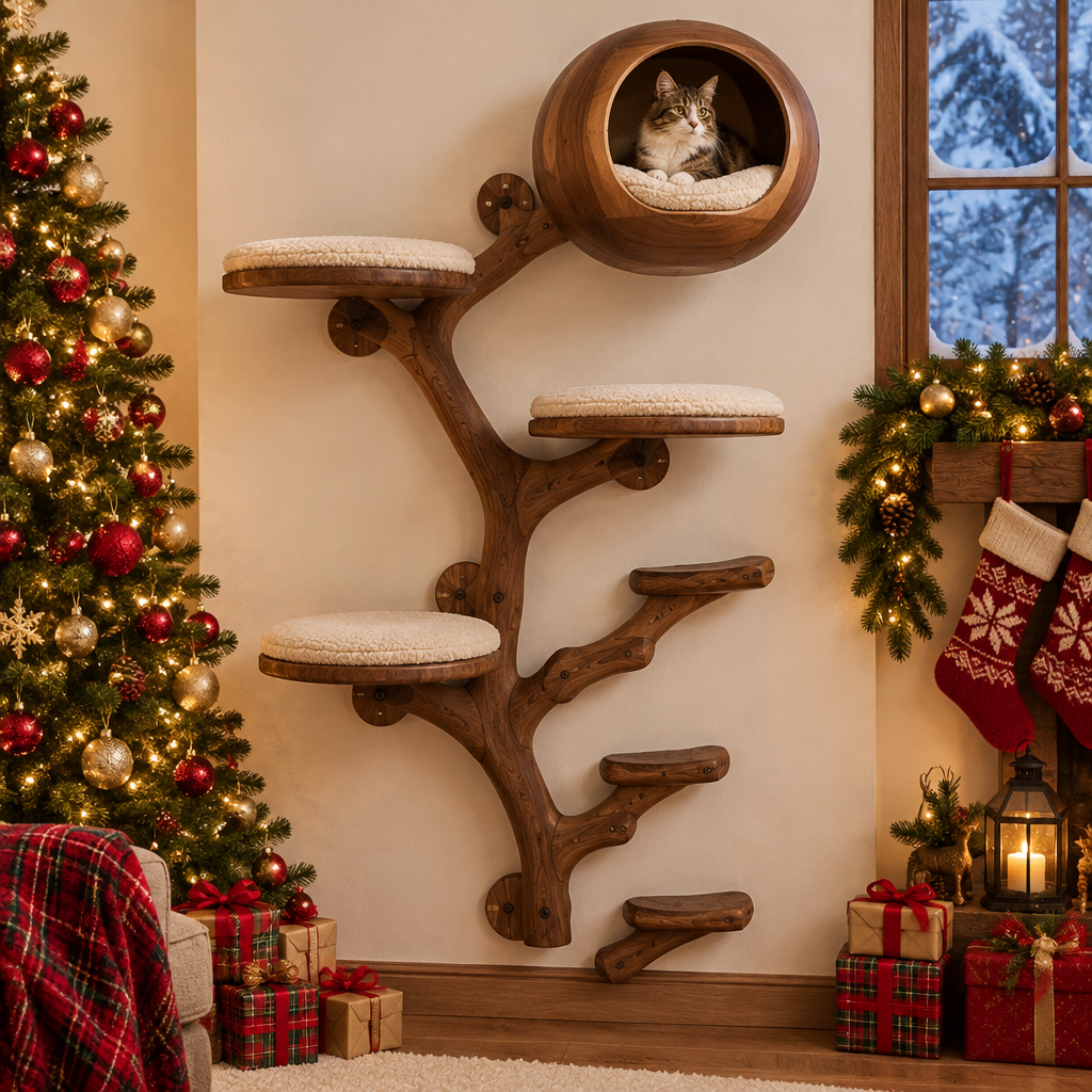Rowan Branch Cat Wall Set in a Christmas living room