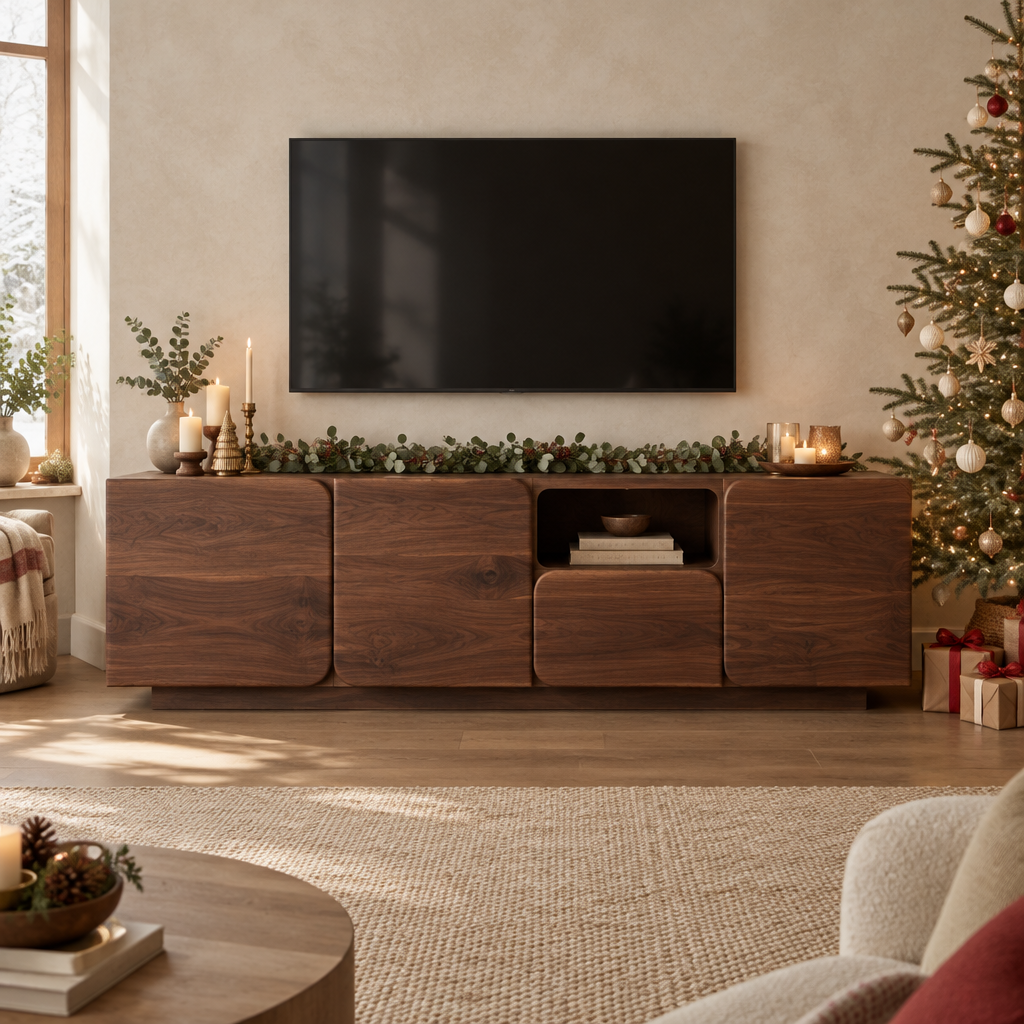 Mesa Block Media Console in a Christmas living room
