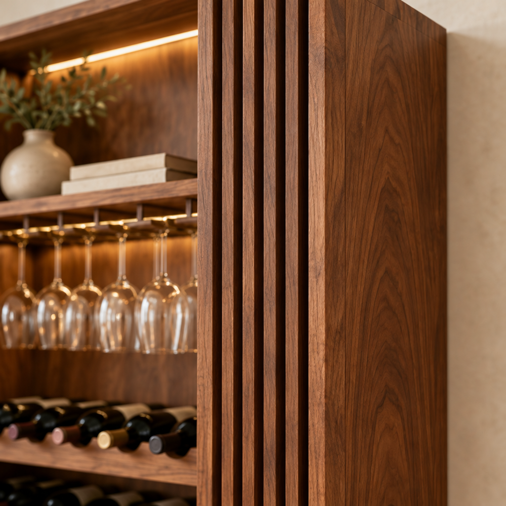 Halden Slatted Wine Cabinet with Light wood grain and joinery close-up