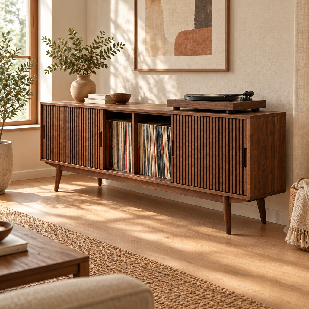 Halden Slatted Record Console side view