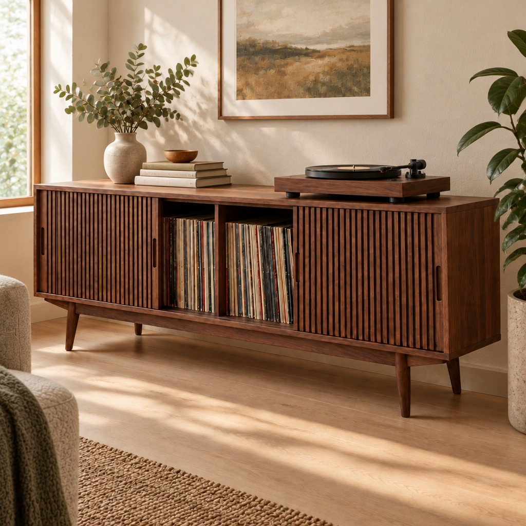 Halden Slatted Record Console in a living room