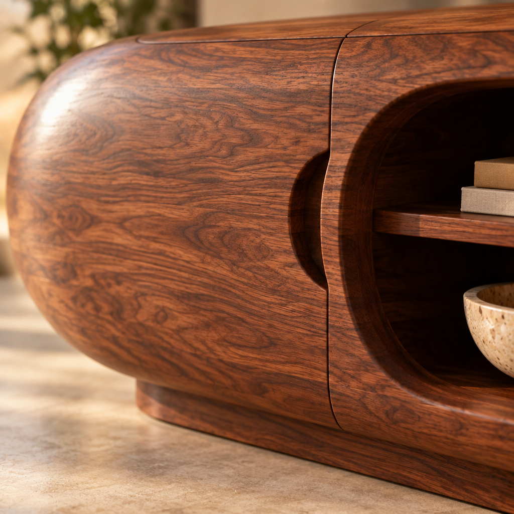 Mojave Sculpted Media Console wood grain and joinery close-up