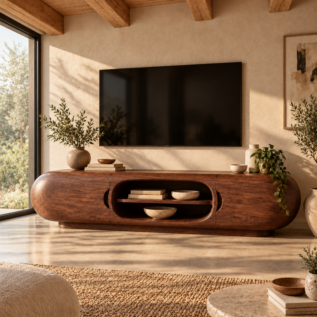 Mojave Sculpted Media Console in a living room