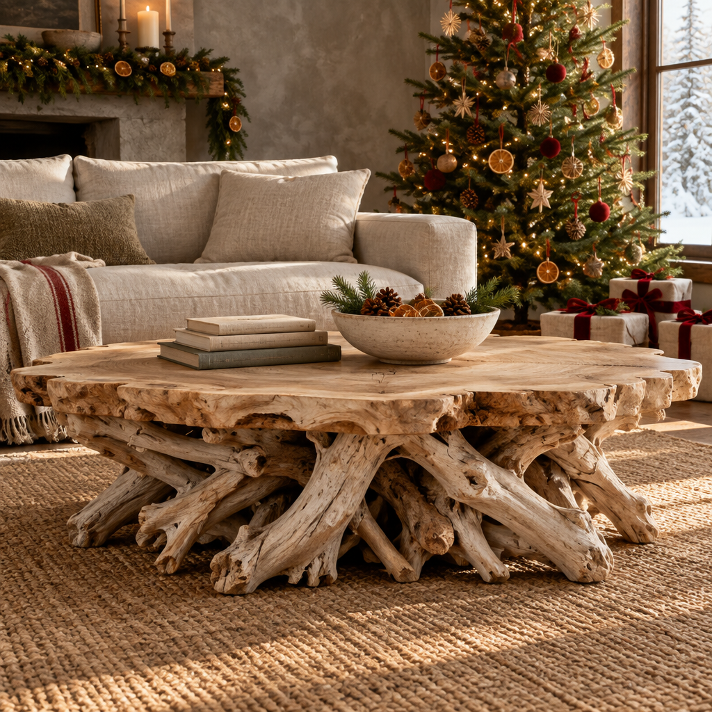 Tidewood Root Coffee Table in a Christmas living room