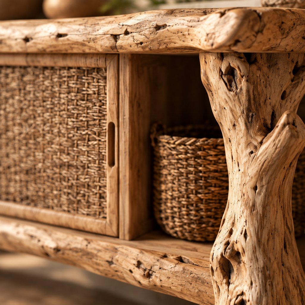 Tidewood Driftwood Media Console wood grain and joinery close-up