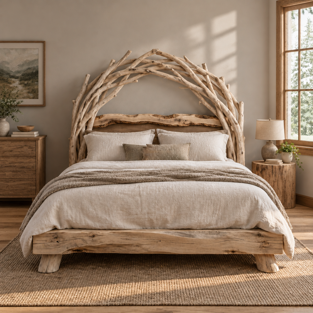 Tidewood Driftwood Headboard Bed in a living room