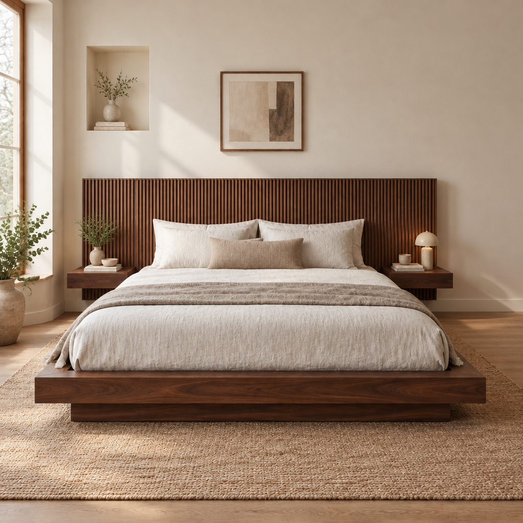 Halden Platform Bed with Fluted Headboard in use