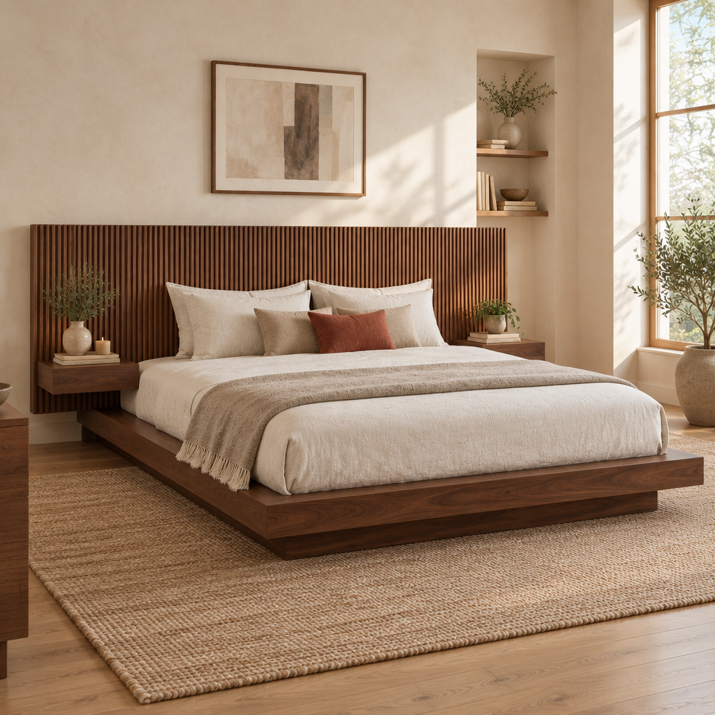 Halden Platform Bed with Fluted Headboard side view