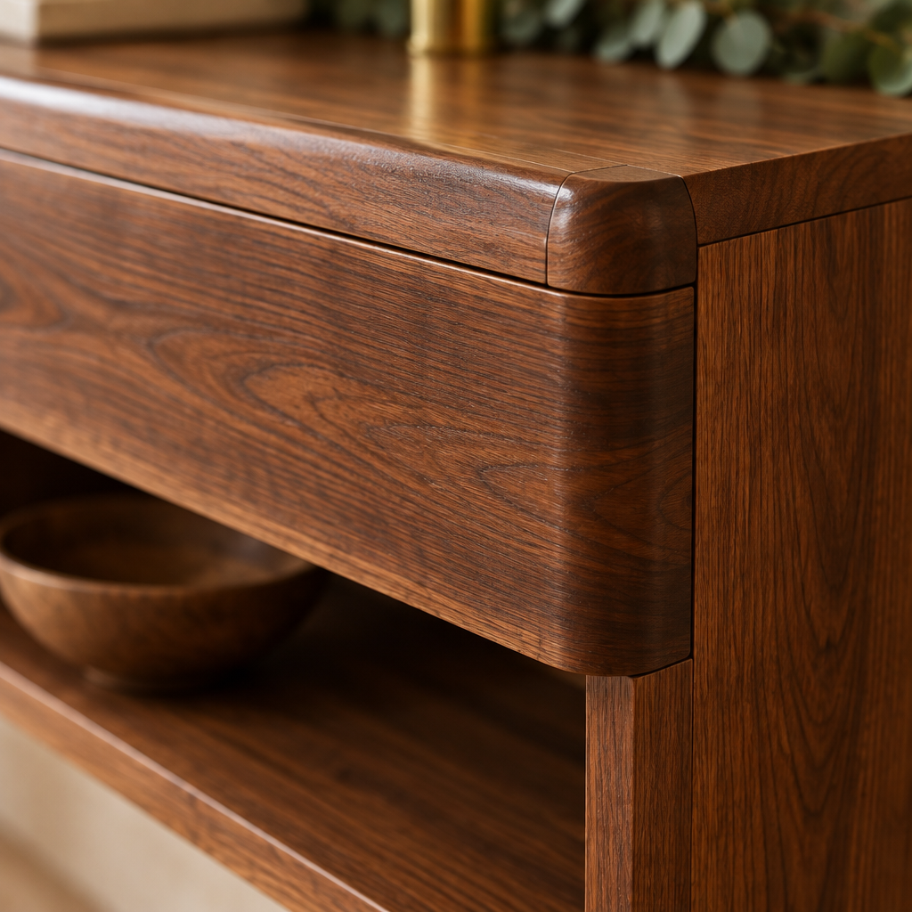 Mesa Vanity and Organic Mirror Set wood grain and joinery close-up