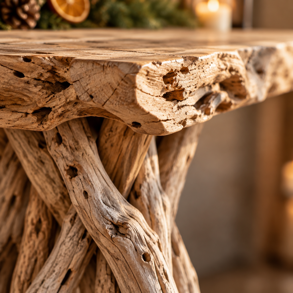 Tidewood Driftwood Console and Mirror Set wood grain and joinery close-up