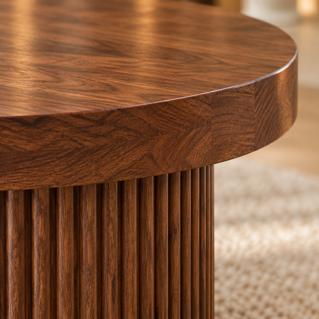 Sora Round Pedestal Coffee Table wood grain and joinery close-up