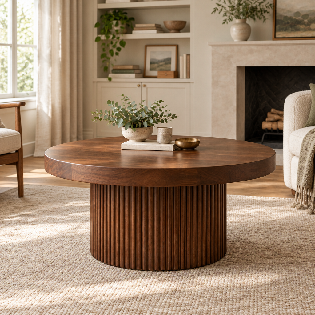 Sora Round Pedestal Coffee Table in a living room