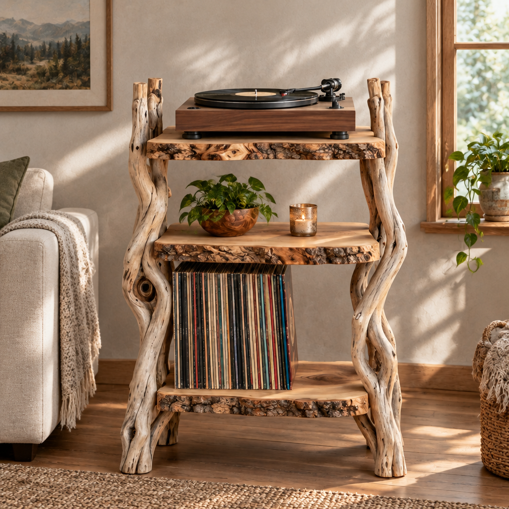 Tidewood Driftwood Record Stand in a living room