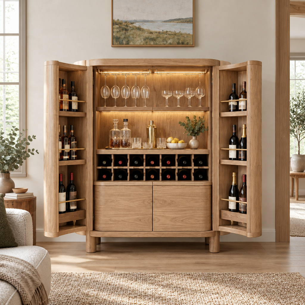 Sora Curved Bar Cabinet in Natural Oak finish