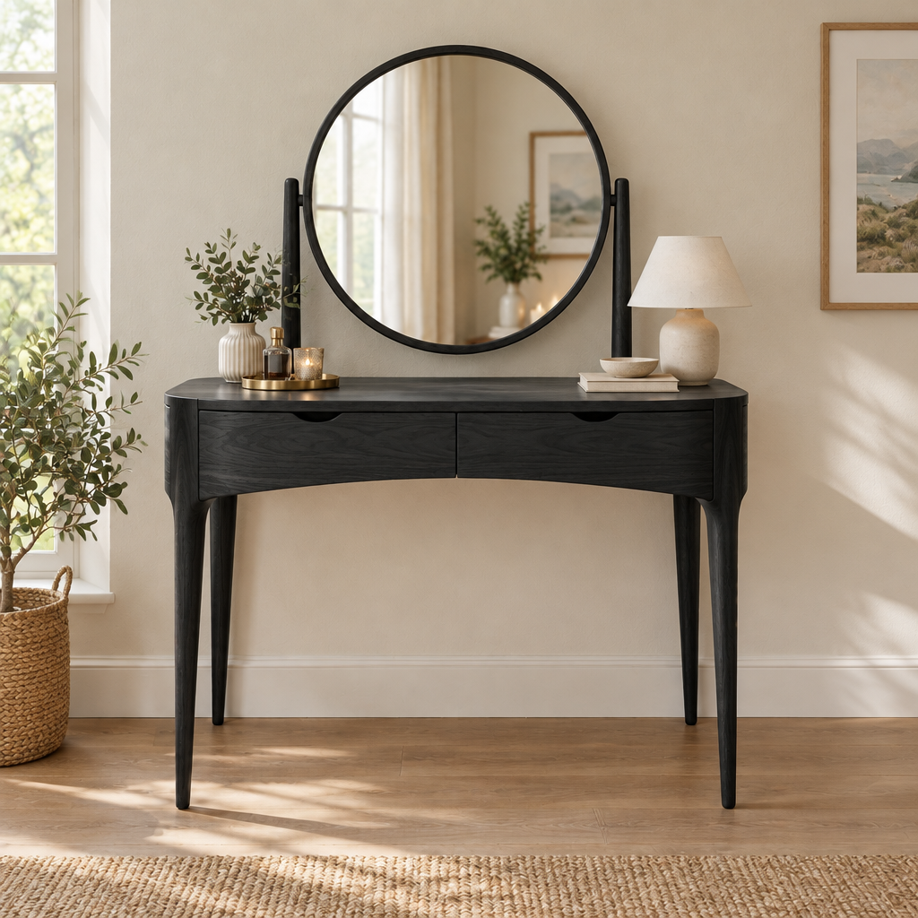 Sora Curved Dressing Table in Ebonized Black finish