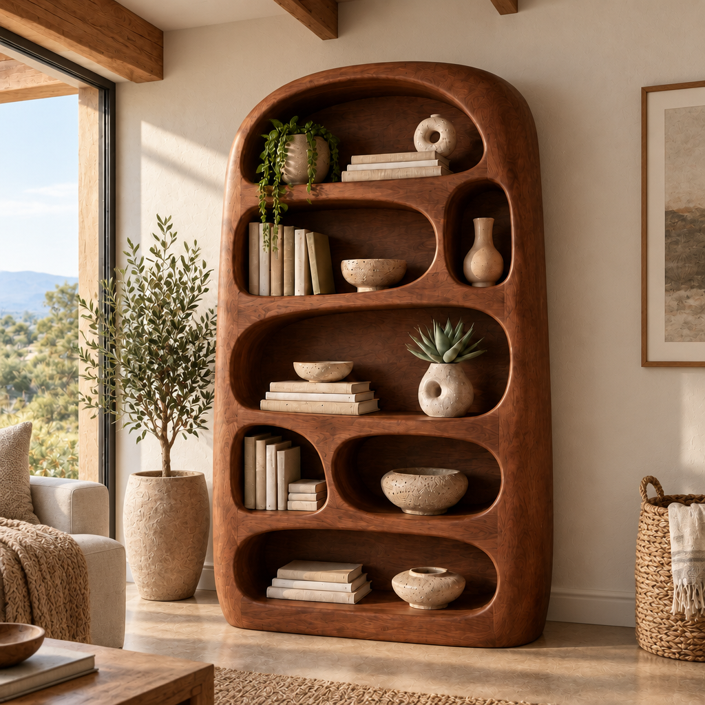 Mojave Sculpted Arch Bookshelf in a living room