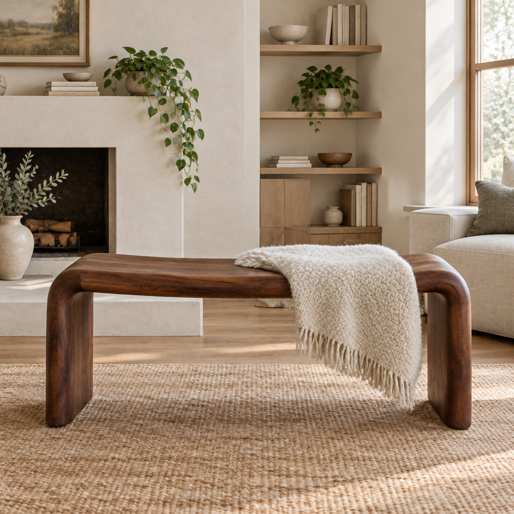 Sora Curved Bench in a living room