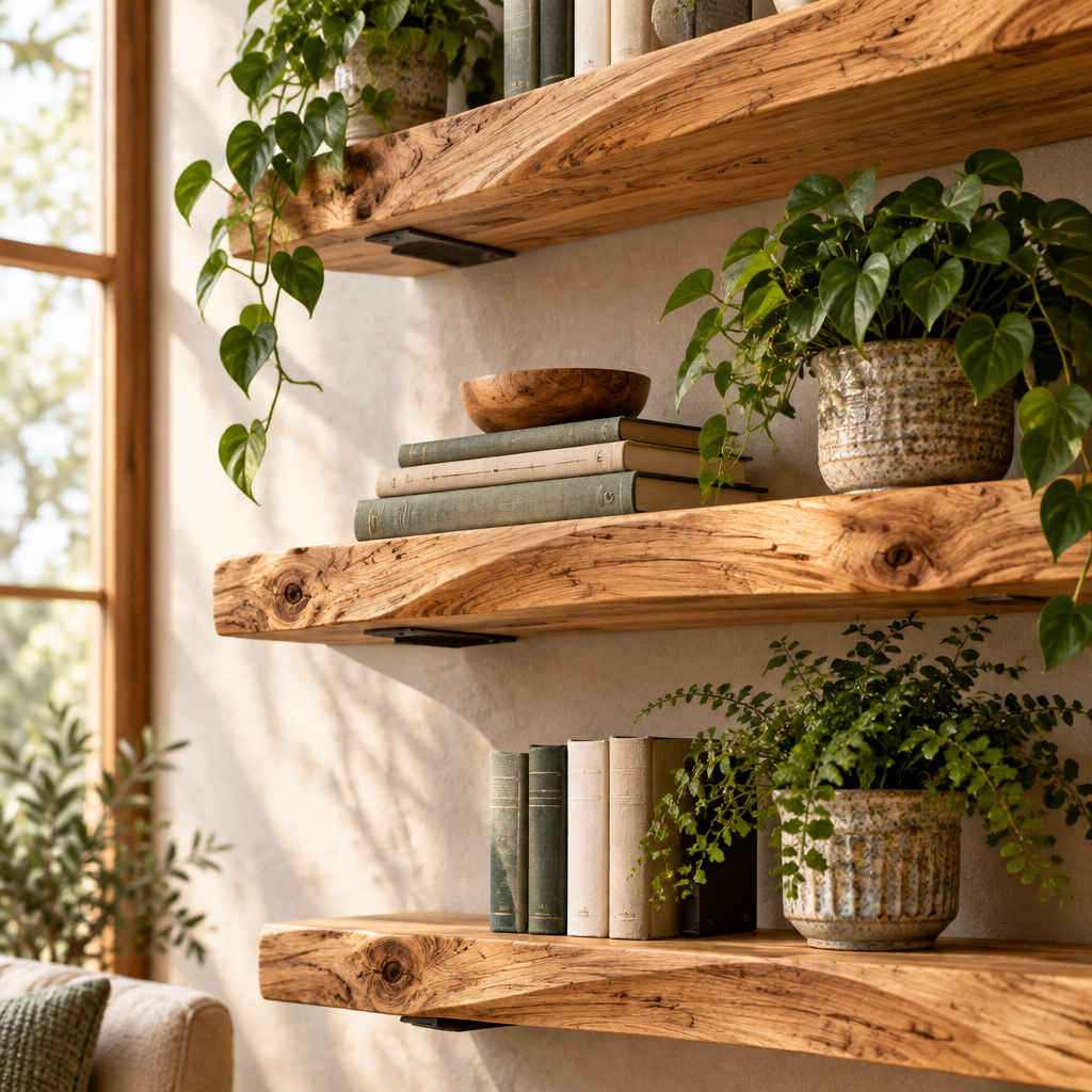 Tidewood Live-Edge Floating Shelf Wall Set in use