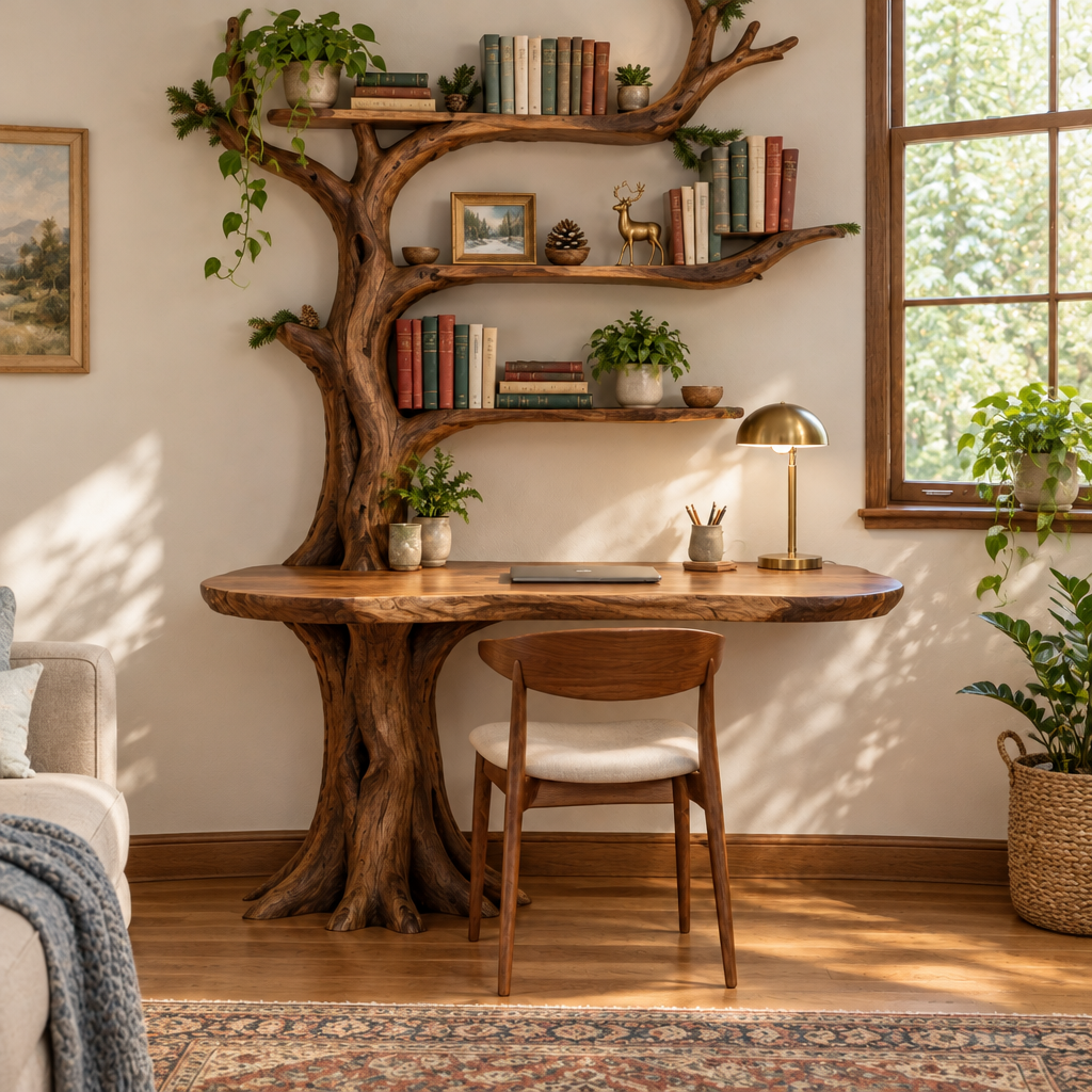 Rowan Tree Desk with Bookshelf in a living room