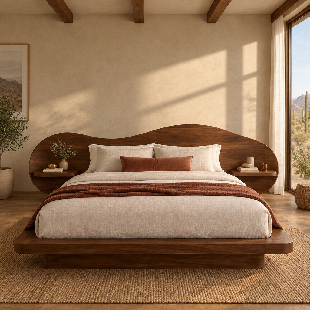 Mojave Wave Bed with Sculpted Headboard in a living room