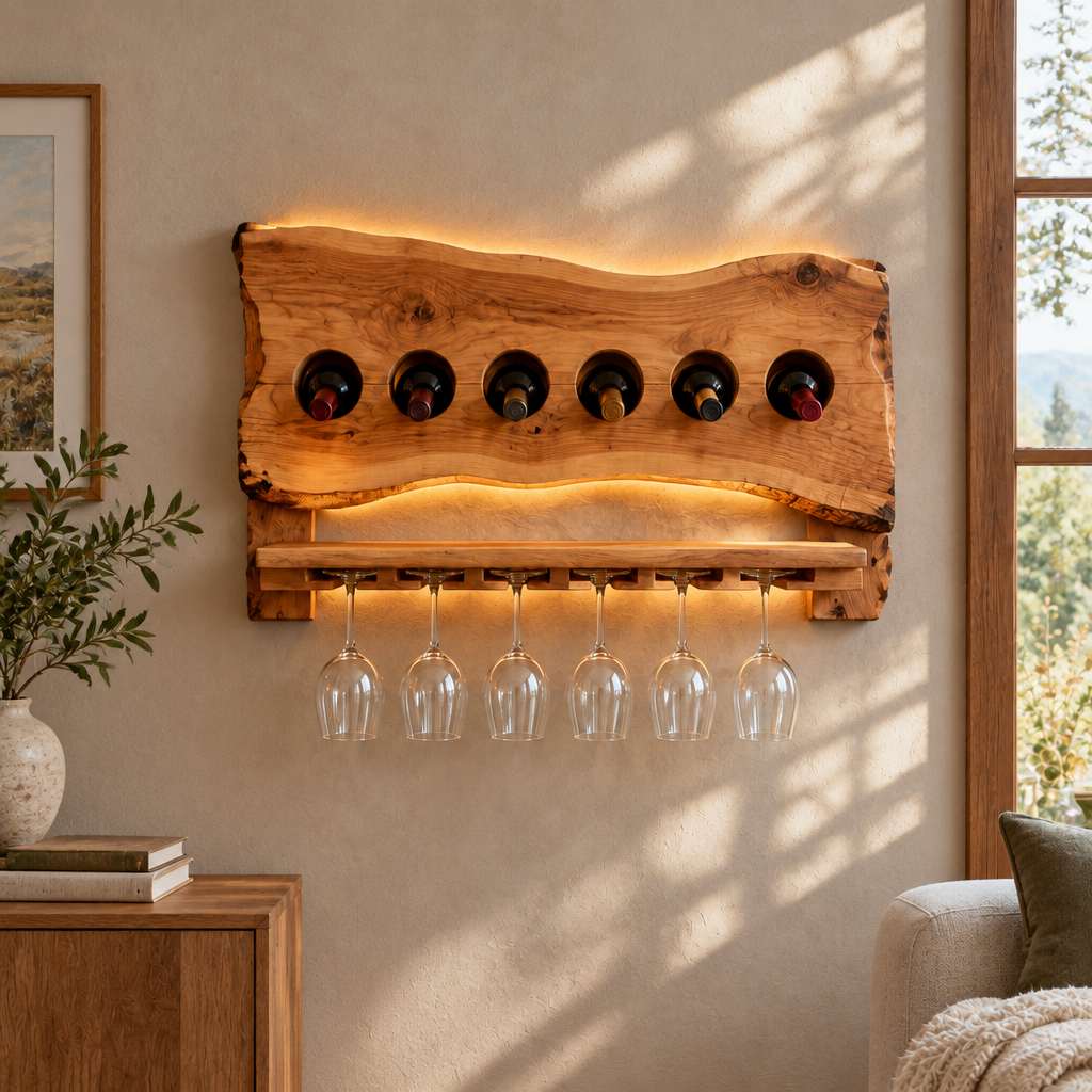 Tidewood Live-Edge Floating Wine Shelf in a living room