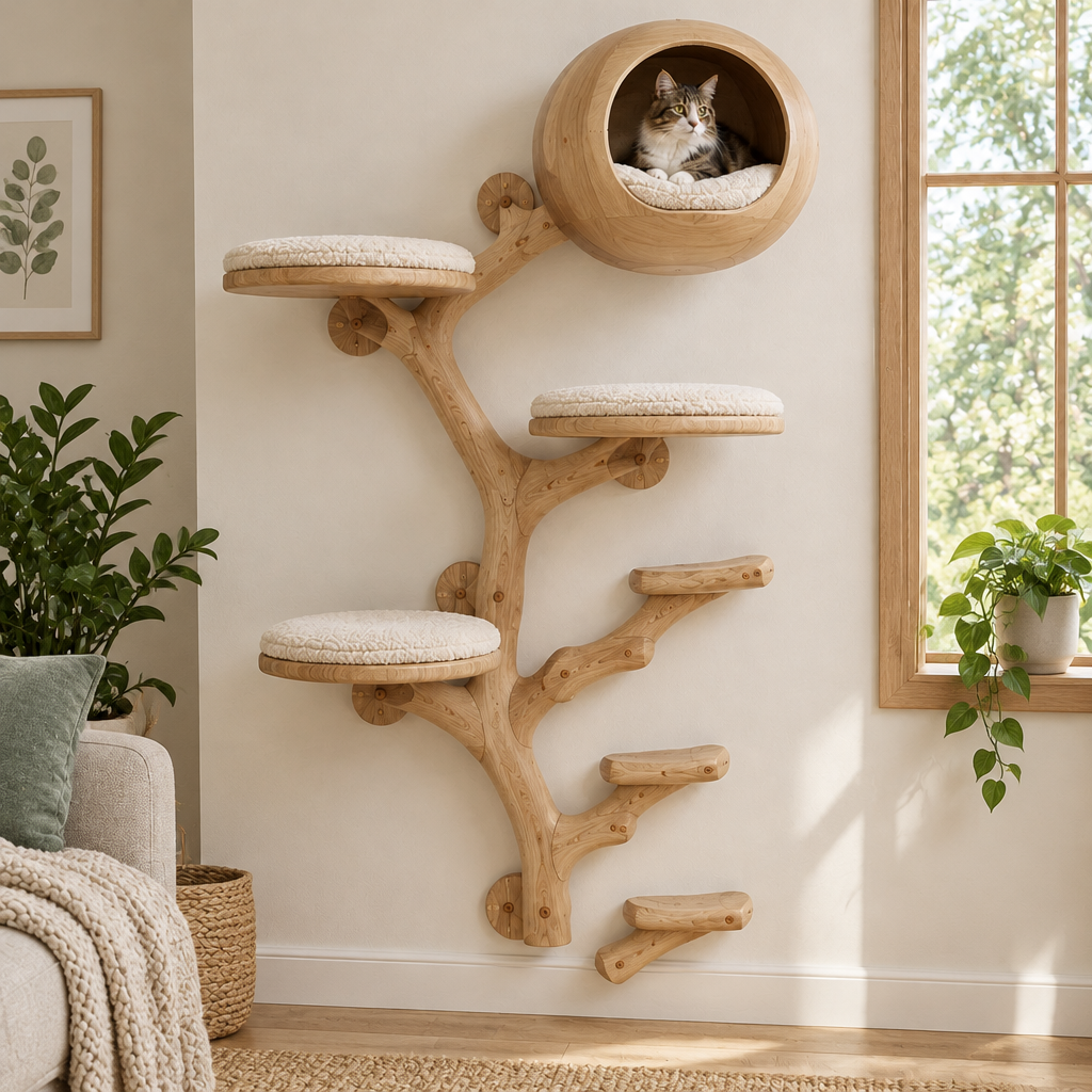 Rowan Branch Cat Wall Set in Natural Oak finish