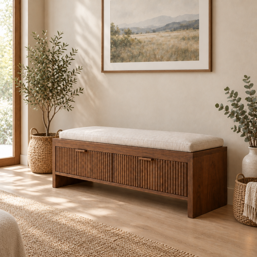 Halden Storage Entry Bench in a living room