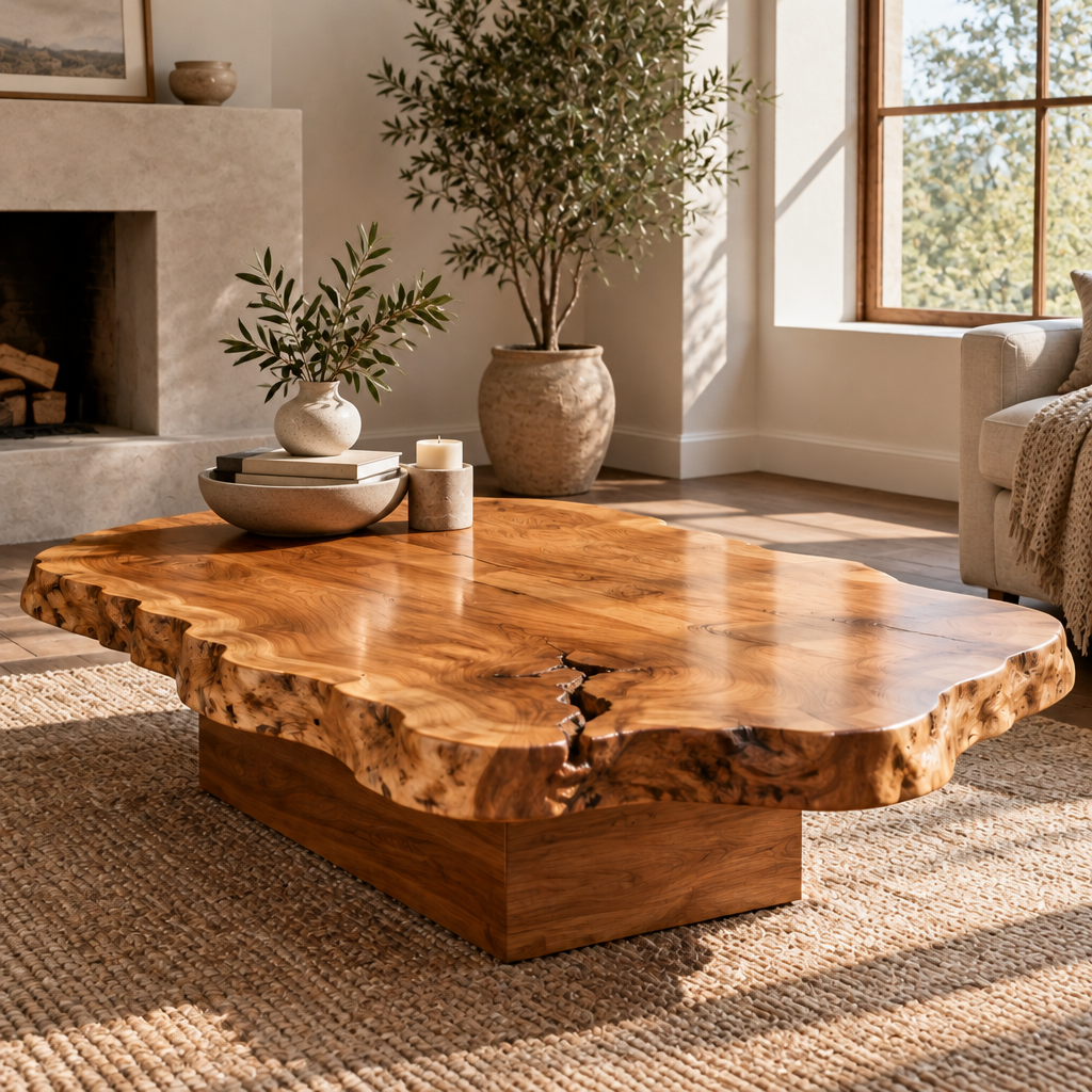 Tidewood Live-Edge Slab Coffee Table in a living room