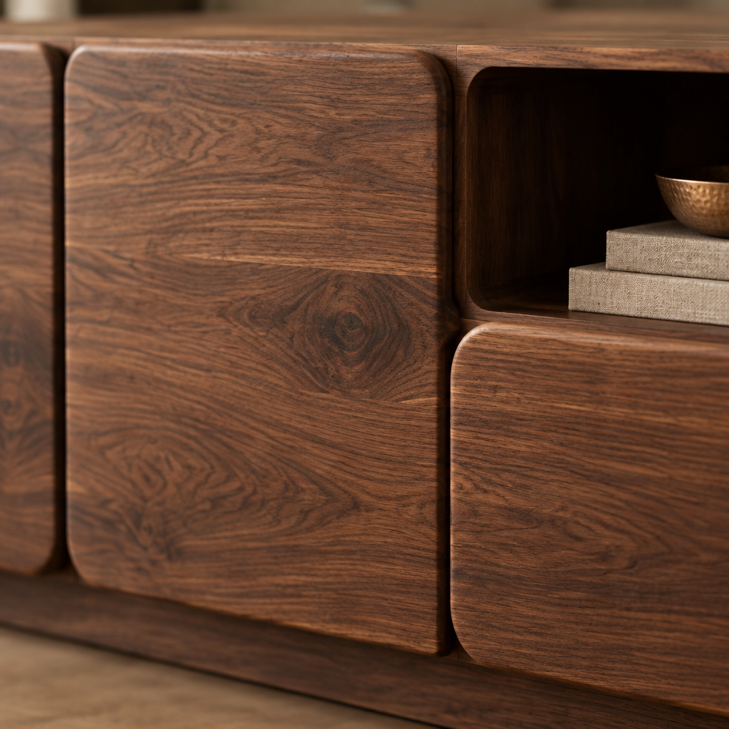 Mesa Block Media Console wood grain and joinery close-up