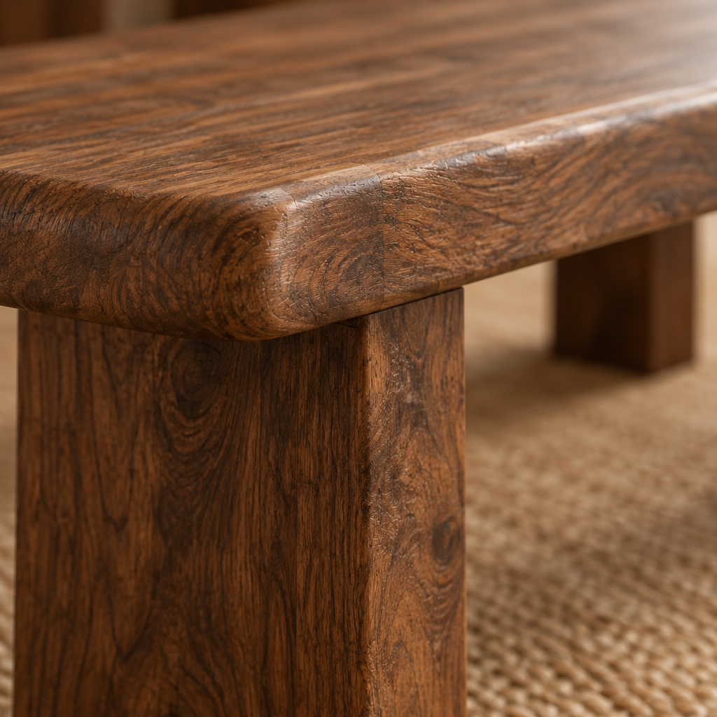 Mesa Carved Dining Bench wood grain and joinery close-up