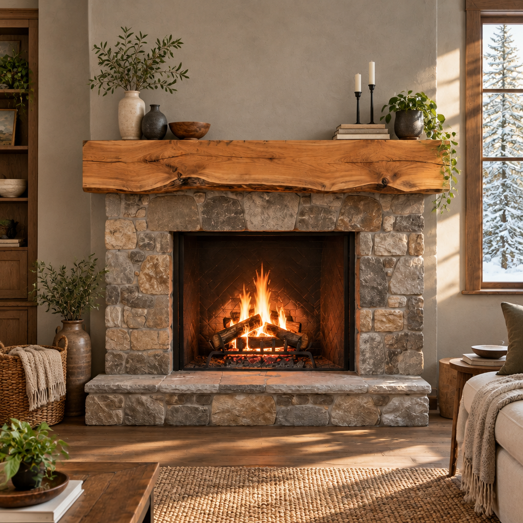 Tidewood Live-Edge Fireplace Mantel in a living room