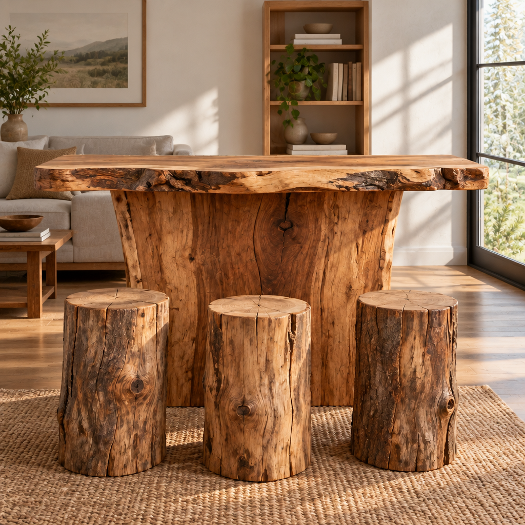 Tidewood Live-Edge Bar Counter with Stump Stools in a living room