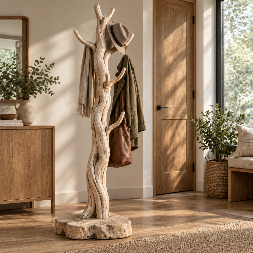 Tidewood Standing Driftwood Coat Tree in use