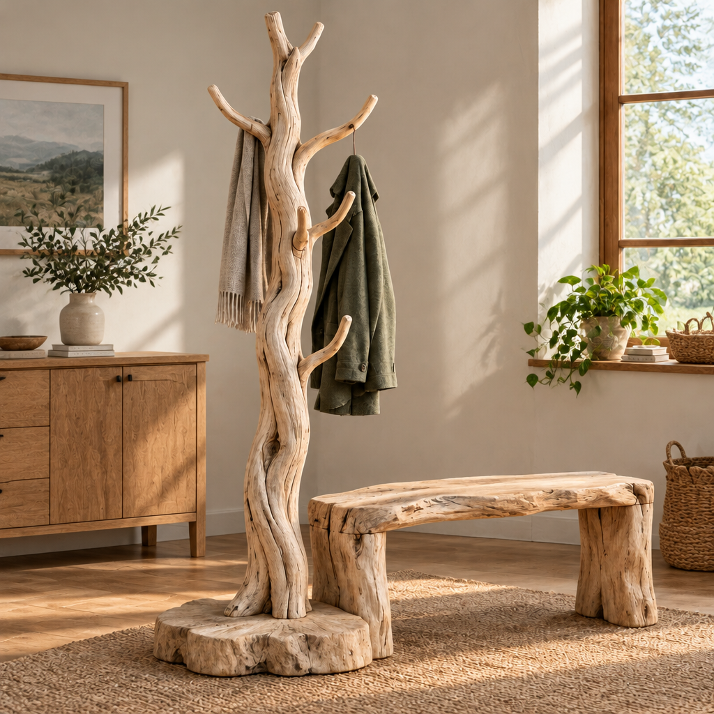 Tidewood Standing Driftwood Coat Tree in a living room