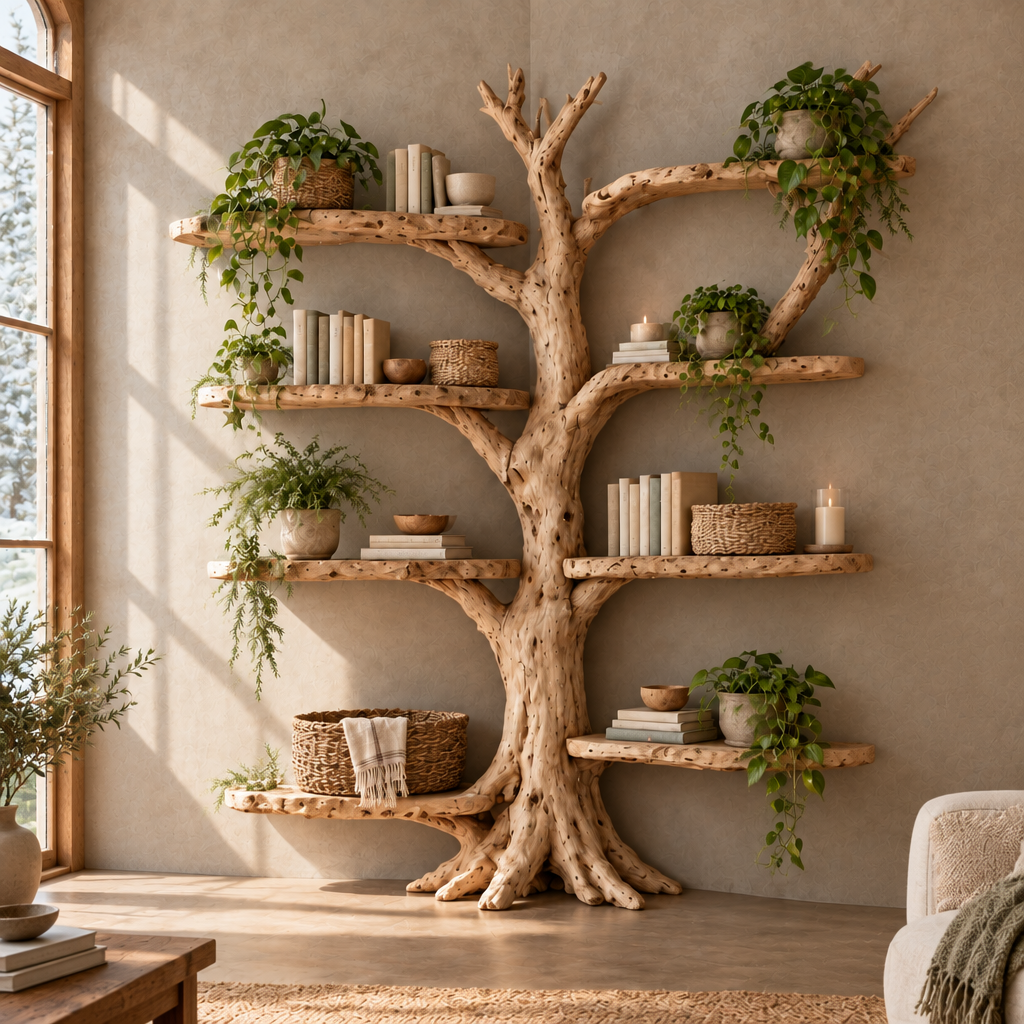 Tidewood Corner Tree Bookshelf in a living room