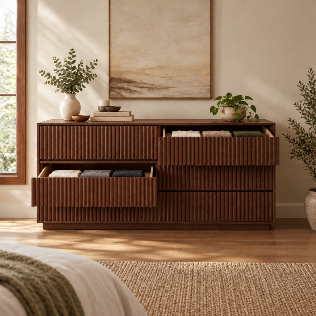 Halden Fluted 6-Drawer Dresser in use