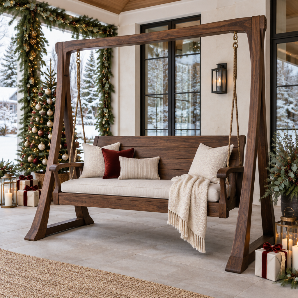 Atelier Porch Swing with Frame in a Christmas home