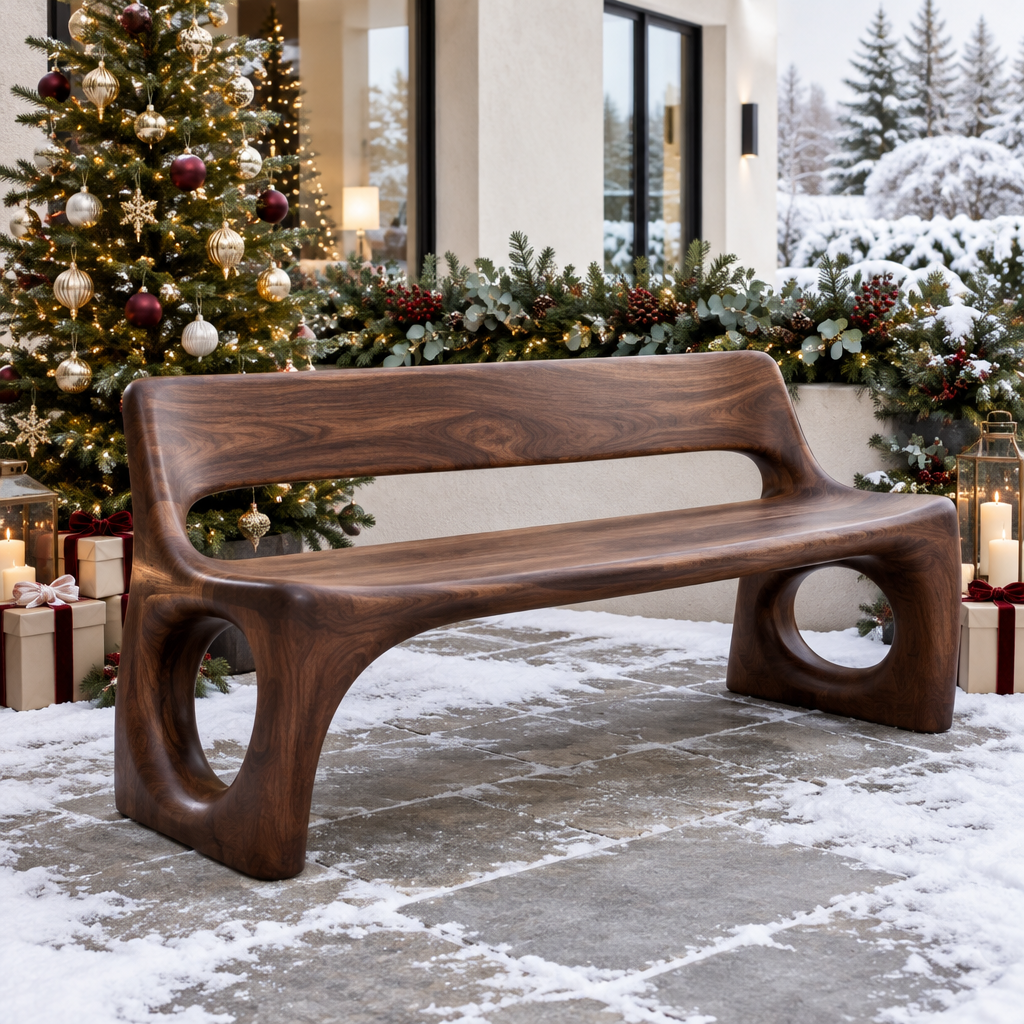 Atelier Sculpted Garden Bench in a Christmas home
