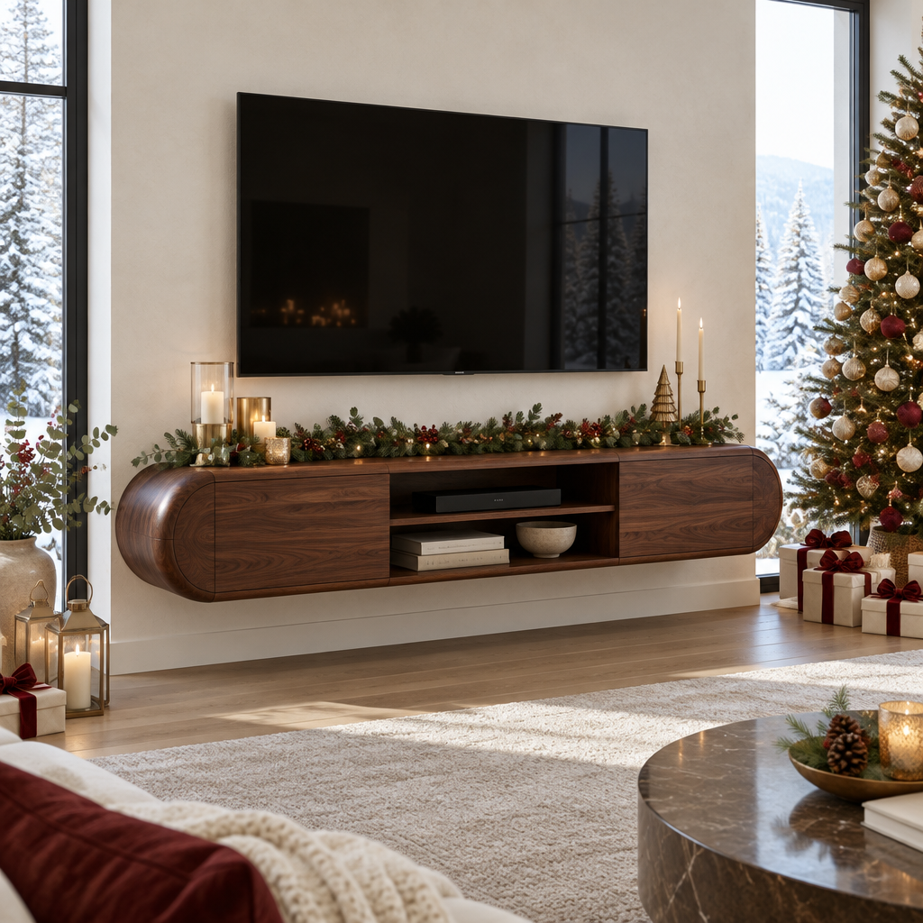 Atelier Rounded Floating TV Console in a Christmas home