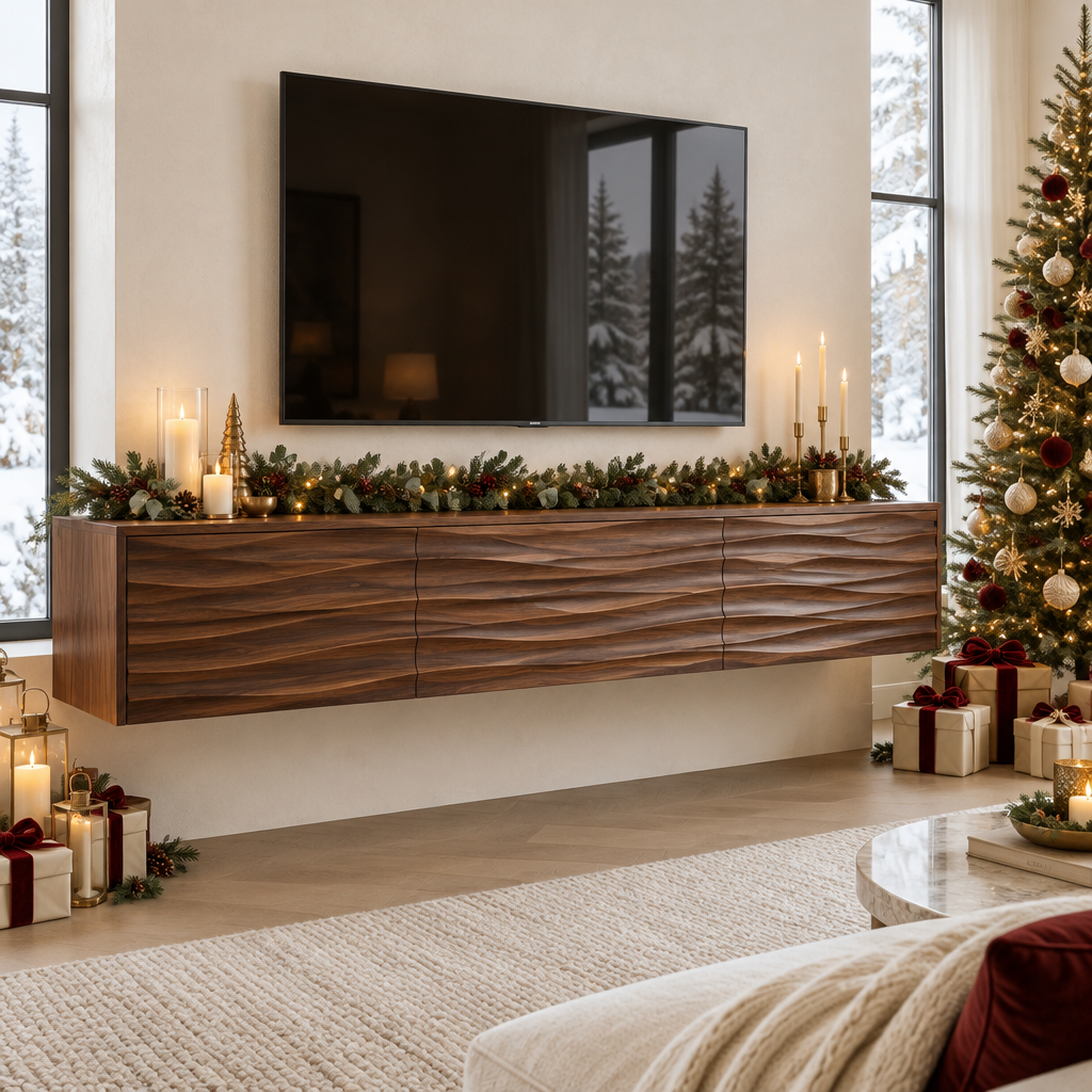 Atelier Floating Wave TV Console in a Christmas home