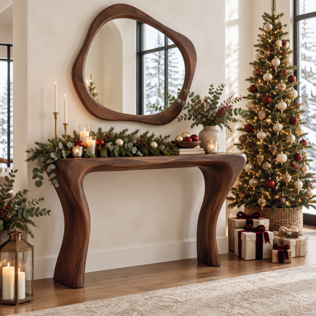 Atelier Console and Organic Mirror Set in a Christmas home