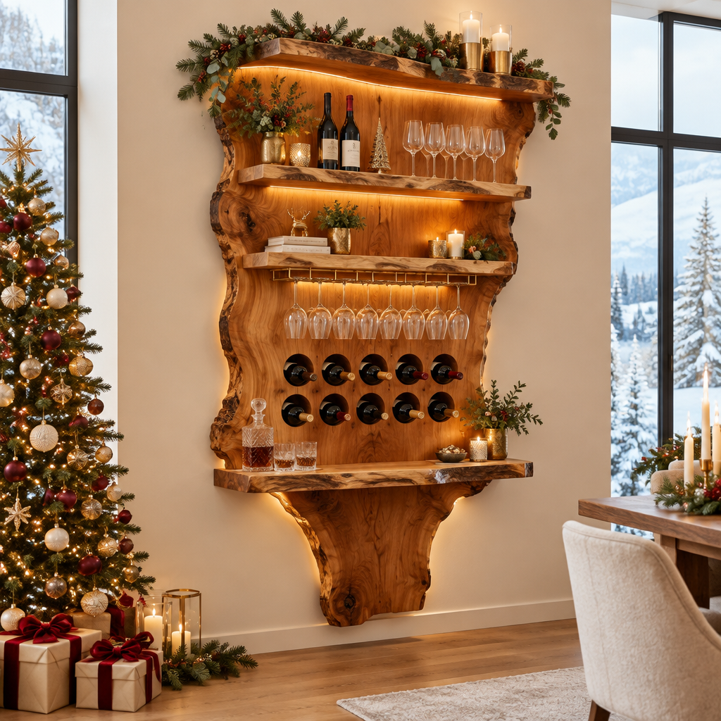 Riverbend Live-Edge Wine Bar Wall in a Christmas home