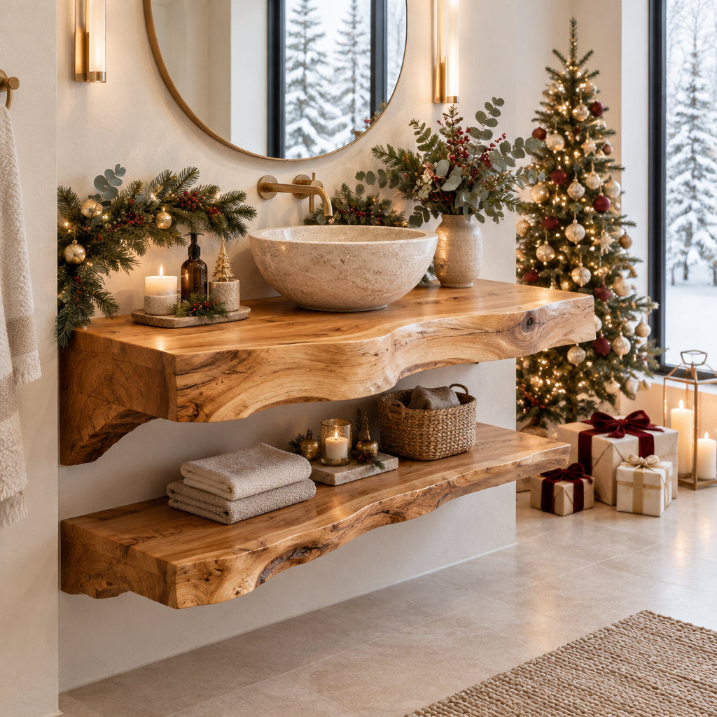 Riverbend Live-Edge Vanity with Stone Vessel in a Christmas home