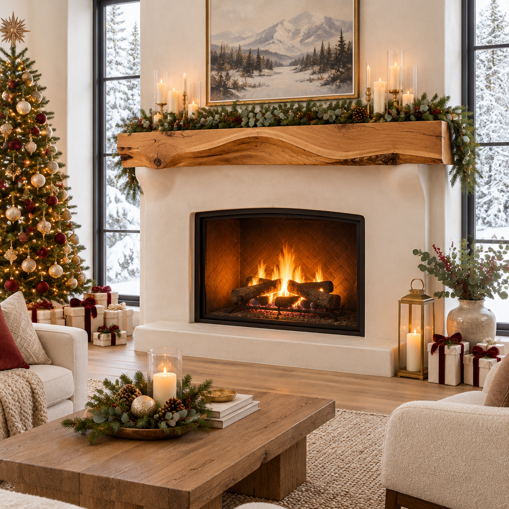 Riverbend Live-Edge Wave Mantel in a Christmas home