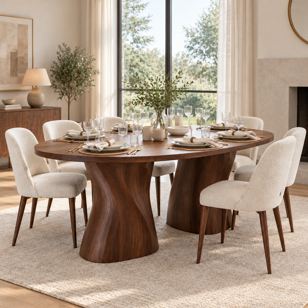 Atelier Twin-Wave Pedestal Dining Table in use