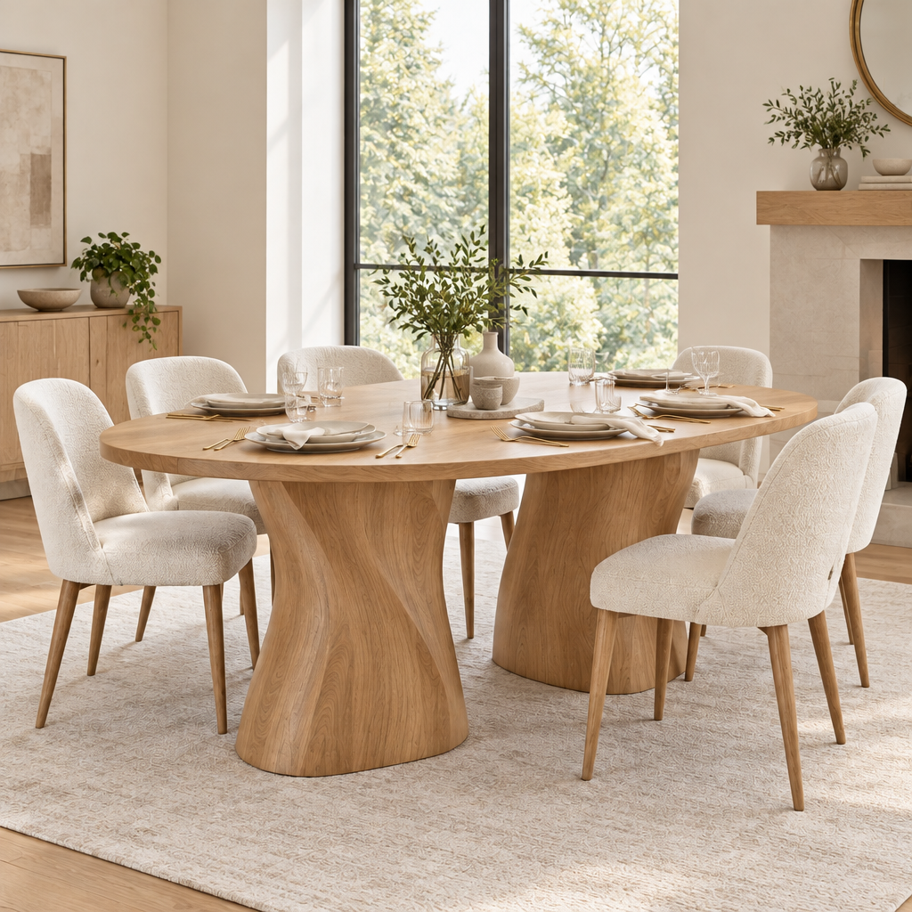 Atelier Twin-Wave Pedestal Dining Table in Natural Oak finish