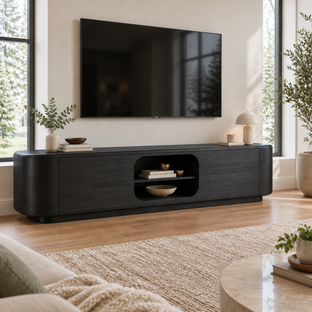 Atelier Organic Low TV Console in Ebonized Black finish