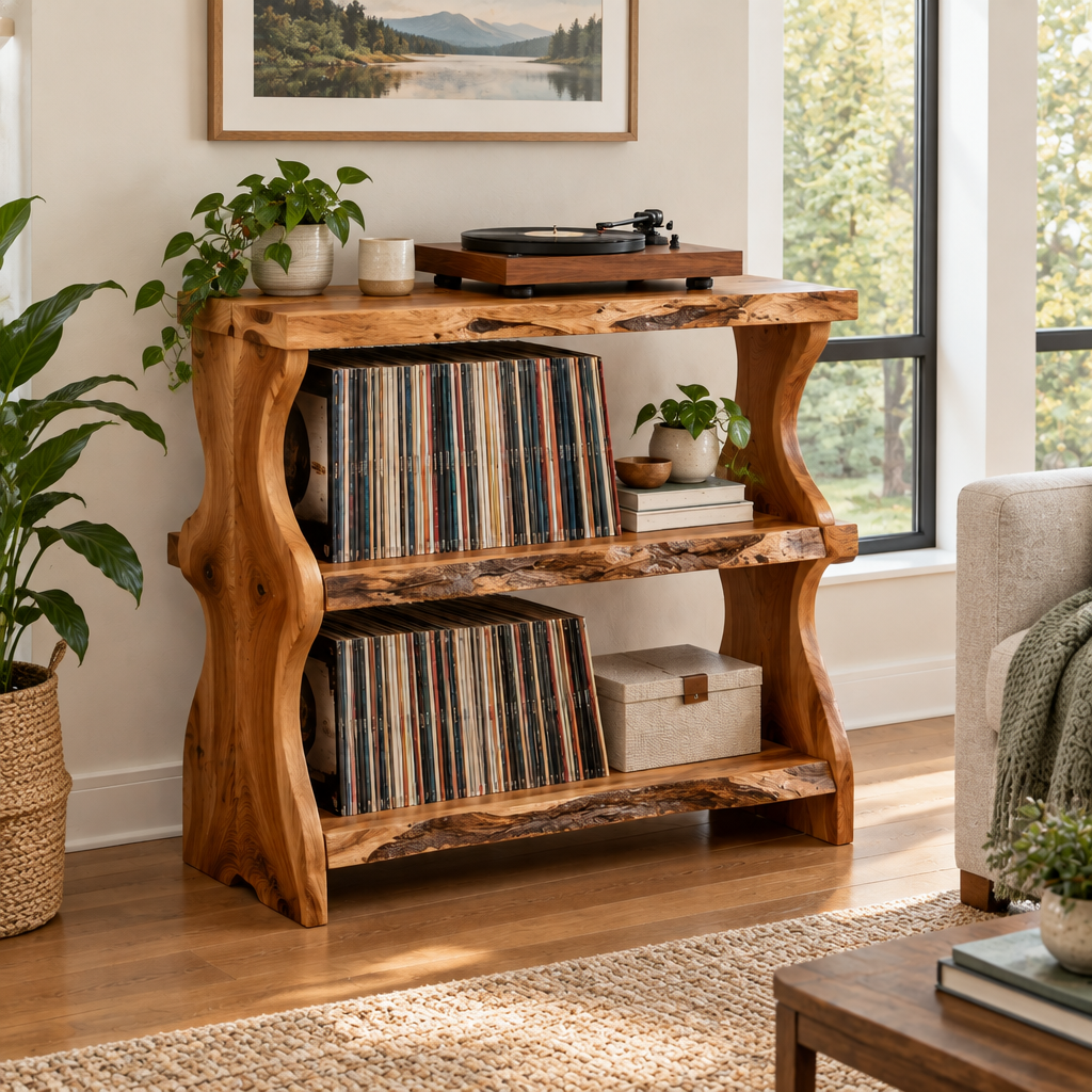 Riverbend Live-Edge Record Stand in use