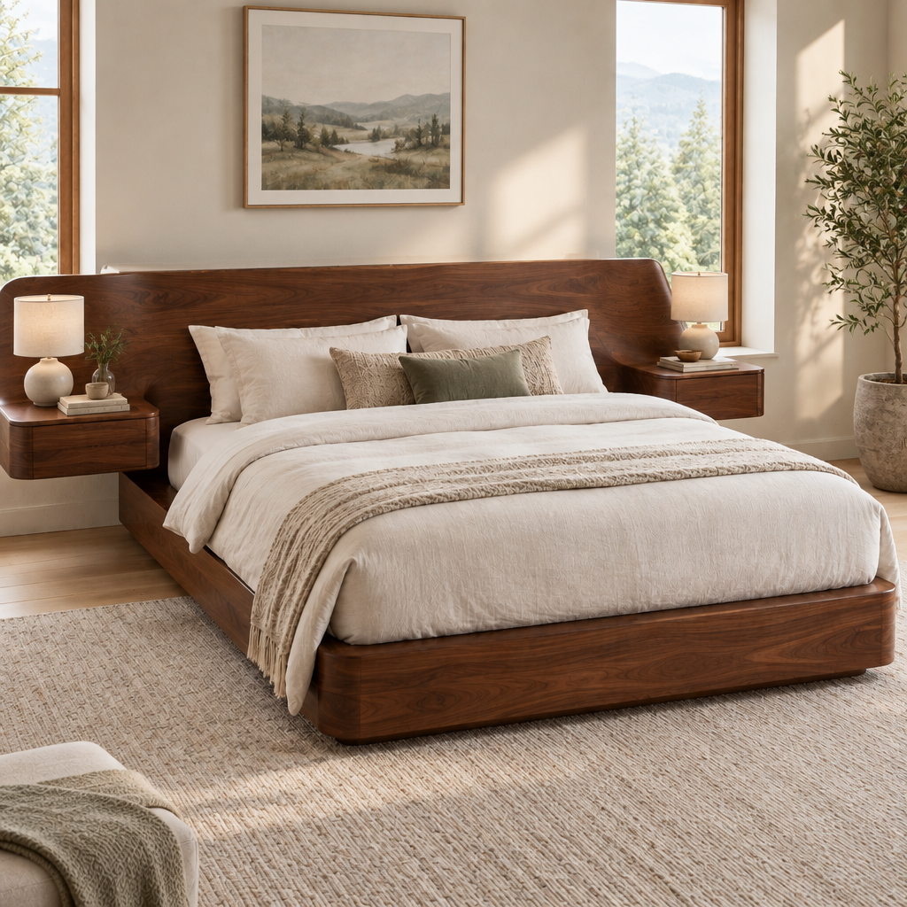 Atelier Sculpted Bed with Floating Nightstands in a living space
