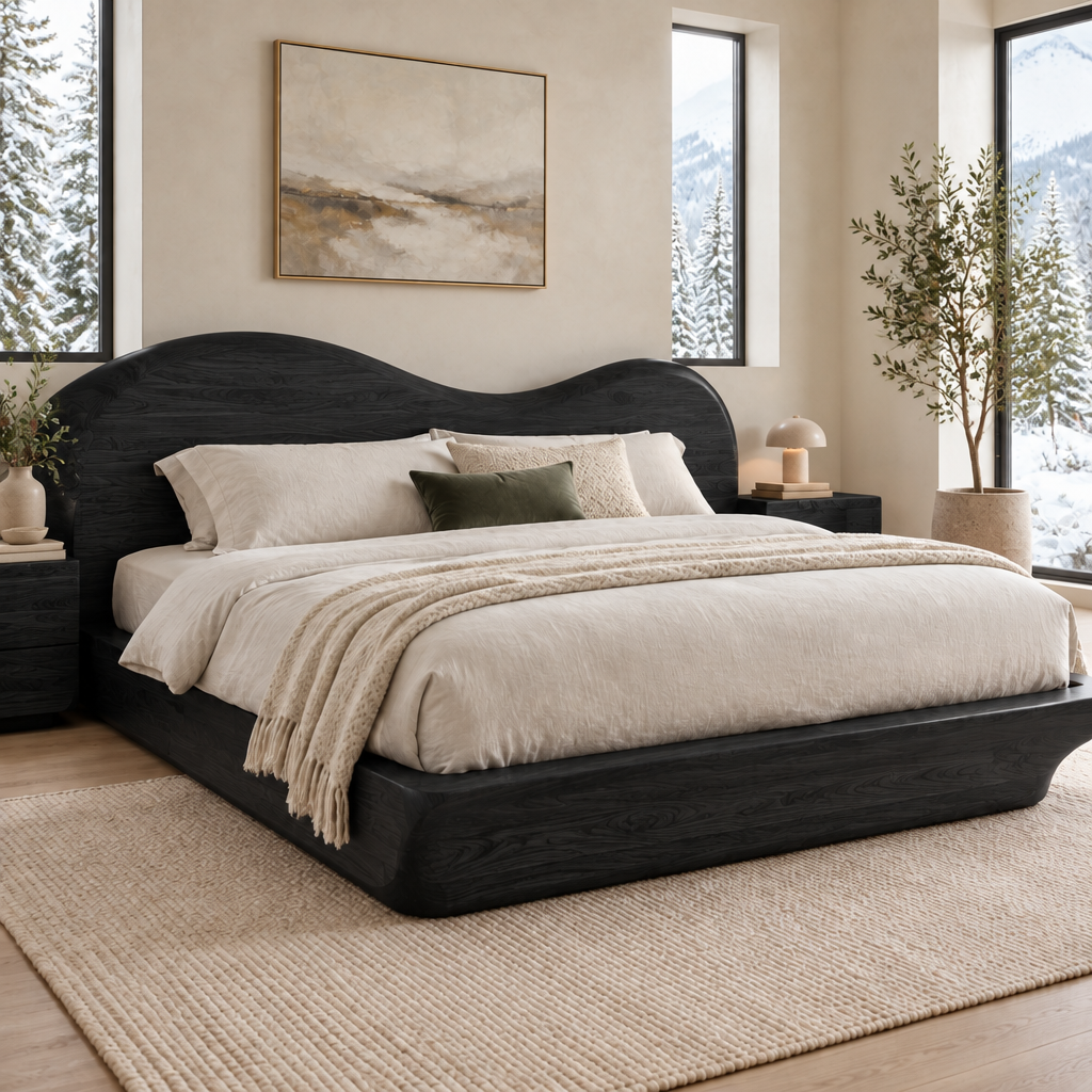 Atelier Wave Headboard Platform Bed in Ebonized Black finish